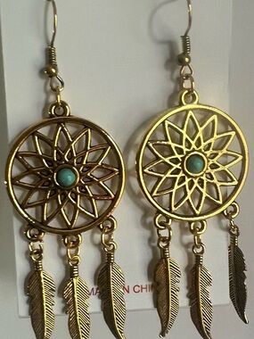 Gold Dreamcatcher Drop Earrings with Turquoise Accent - Women Jewelry